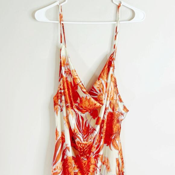 Pretty Little Thing Orange Floral Print Satin Cowl Neck Maxi Dress Size 8 - Picture 8 of 11